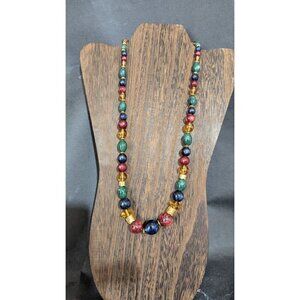 Vintage Multicolor Beaded Necklace With Gold-Tone Coin coat of arms  Charm